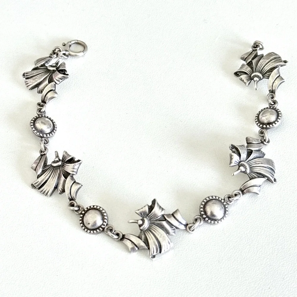 Vintage 925 Sterling Silver Floral Ribbon Design Unique Chain Link Bracelet 7.5